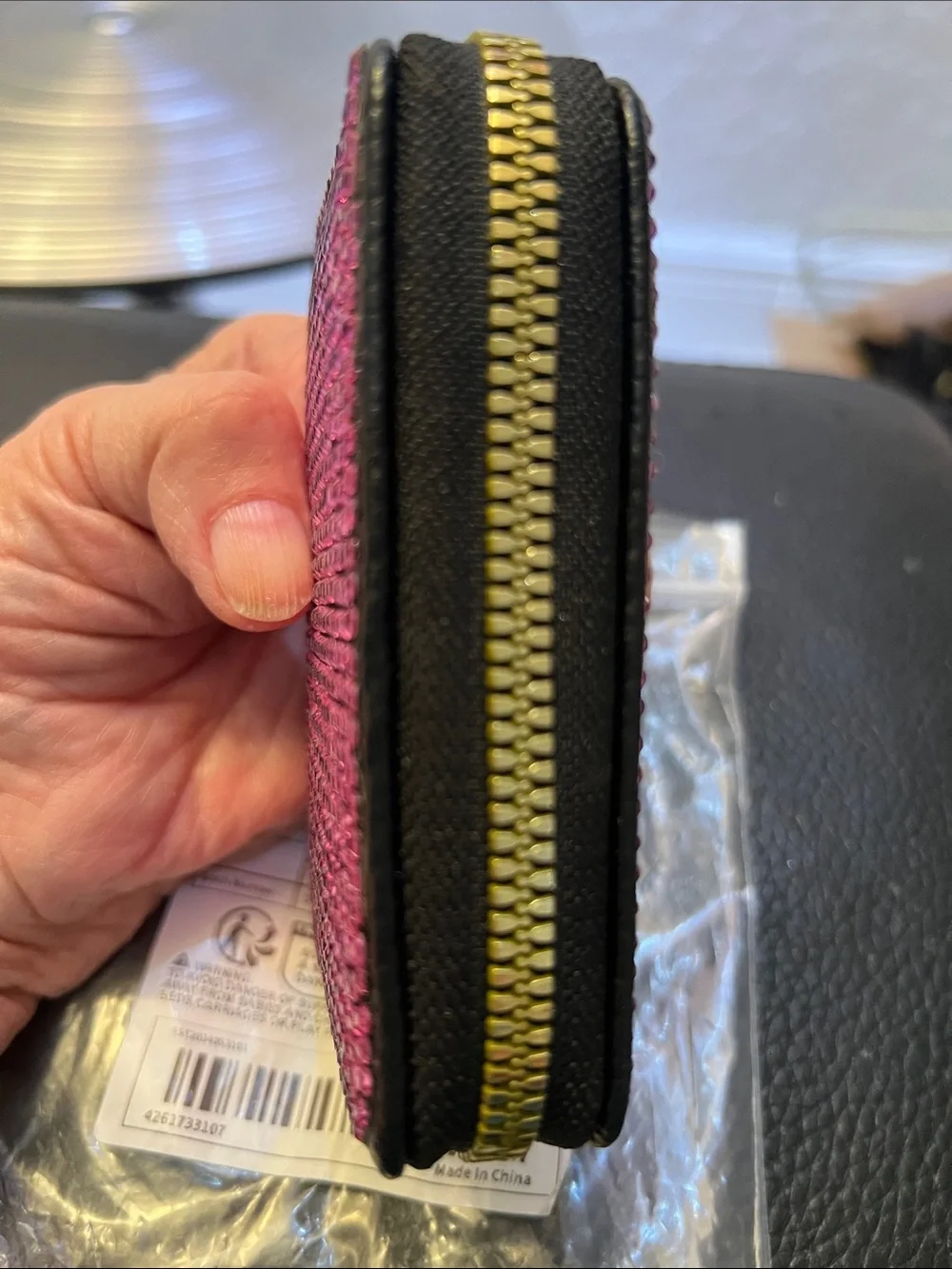 CARD HOLDER with PURPLE CRYSTALS, 11 SLOTS and ZIP CLOSE.
